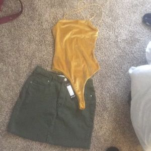 Green denim skirt (12/40) and yellow strap shirt